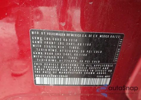 2022 Volkswagen Tiguan 2.0T Se из США, поврежденный, VIN 3VV2B7AX9NM129948